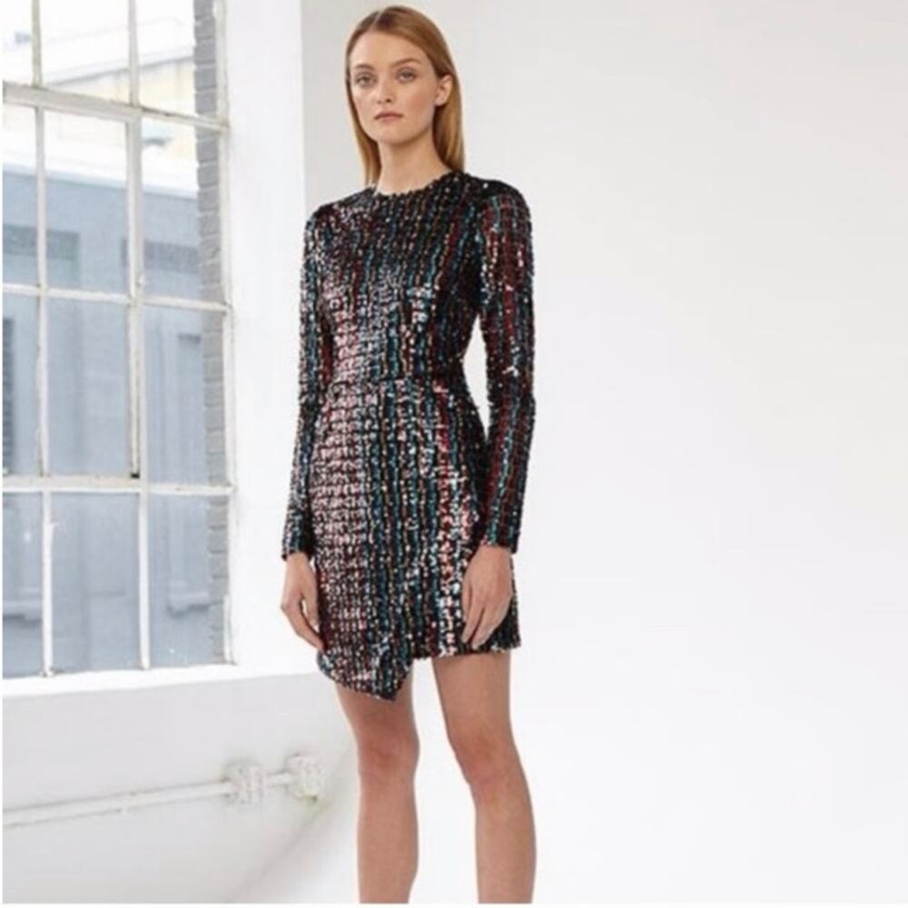 Monique Lhuillier ML Multicolor Sequin Long Sleeve Wrap Dress Size 12